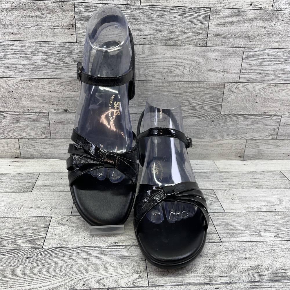 SAS Tripad Comfort Strippy Sandal Black Patent Leather Strap Wedge Size 10.5 S